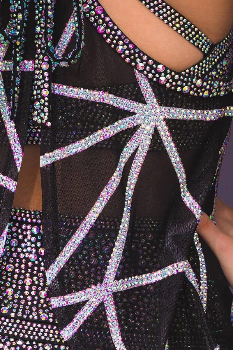 BalancedDrape Adjustable Waistband Brinley Mesh Tank with Bow with Black and Opalescent Crystal Couture