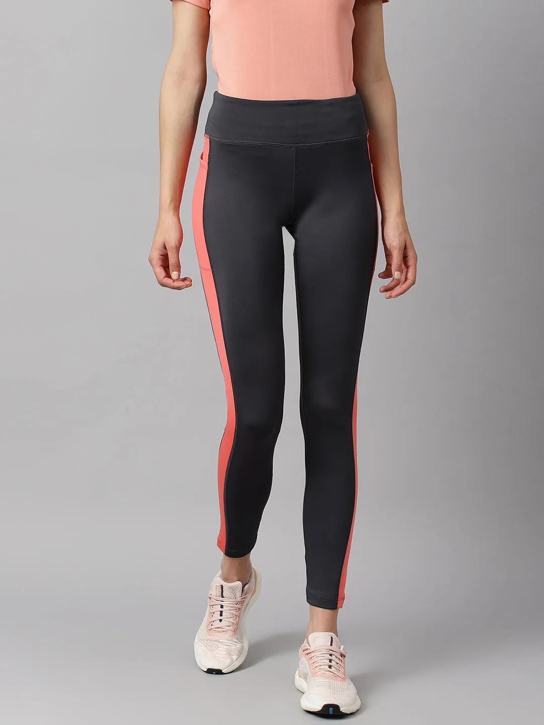 Alcis Women Printed Charcoal Colour Blocked Anti-Static Slim-Fit Full-Length Sports Tights Petite Size Ultra Light