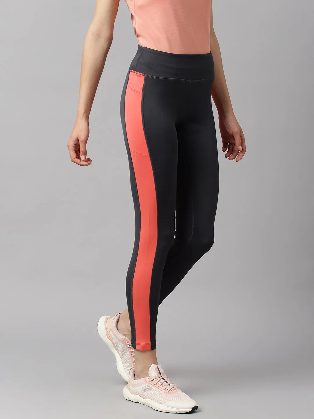 Alcis Women Printed Charcoal Colour Blocked Anti-Static Slim-Fit Full-Length Sports Tights Comfort Seeker Home Lounge Seamless Design Fitness Training