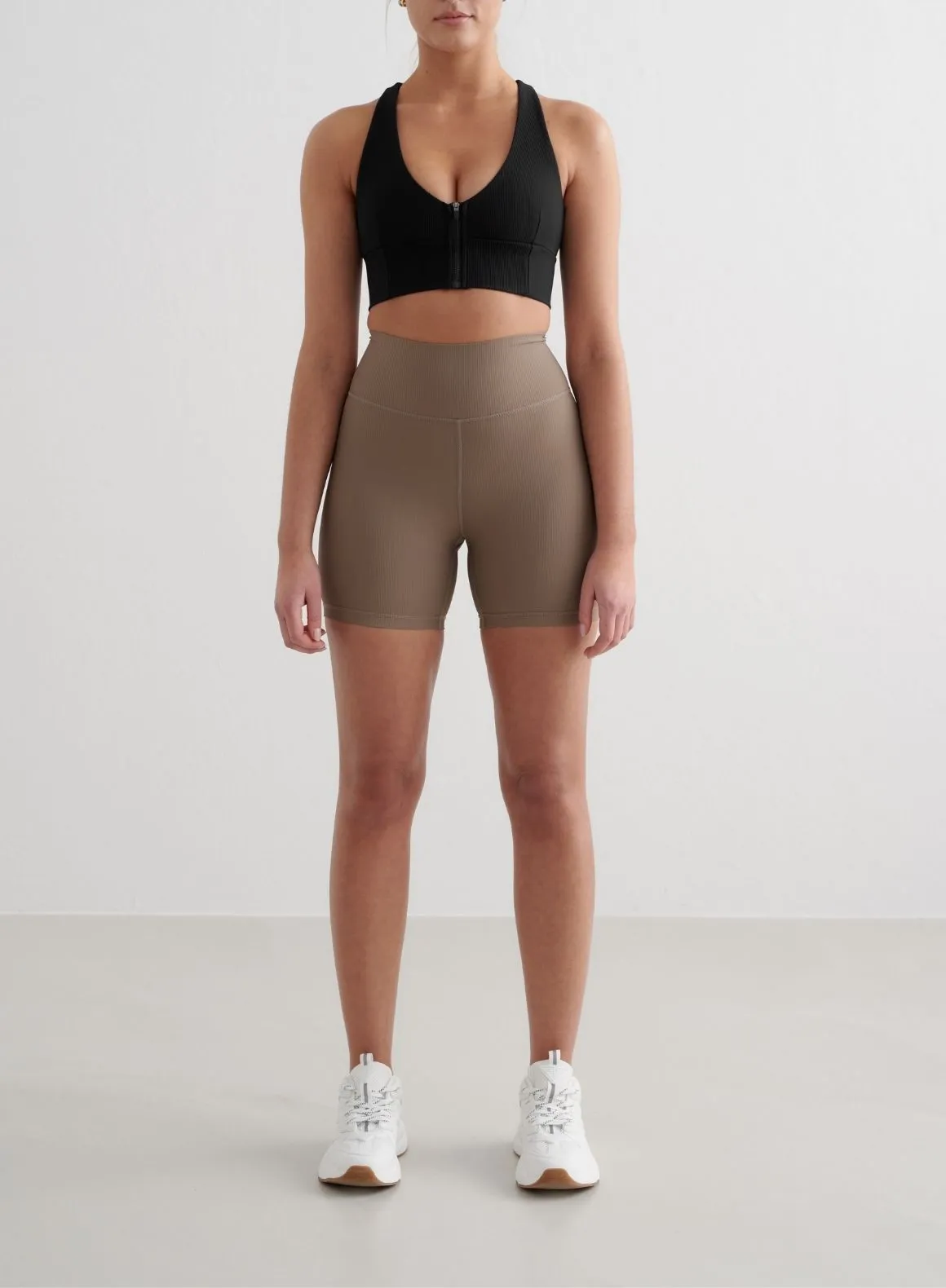 Nougat Ribbed Performance Midi Biker Shorts Travel Fit Quick Dry Material