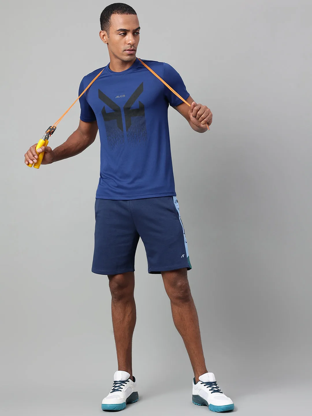 Alcis Men's Printed Navy Anti-Static Drytech  Slim-Fit Training Tee WaterRepellentSurface Fine Weave