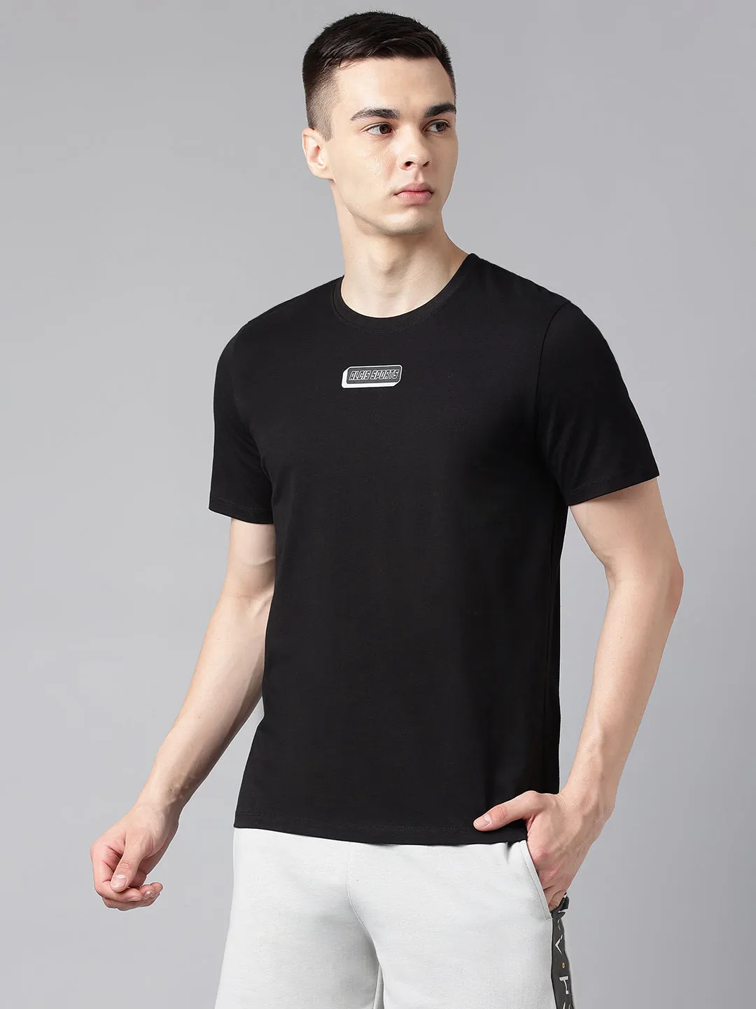 Alcis Men's Printed Black Soft-Touch Regular-Fit Athleisure T-Shirt AntiSnagFabric AntibacterialFinish
