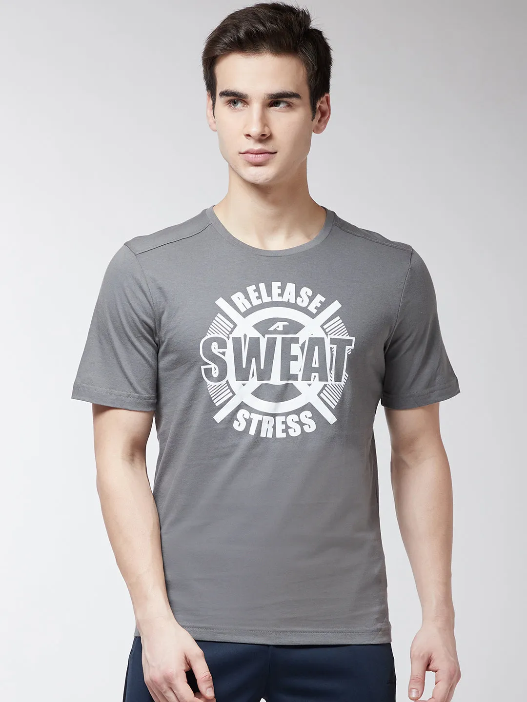 Alcis Men Grey Printed Round Neck T-shirt Gloss Fit