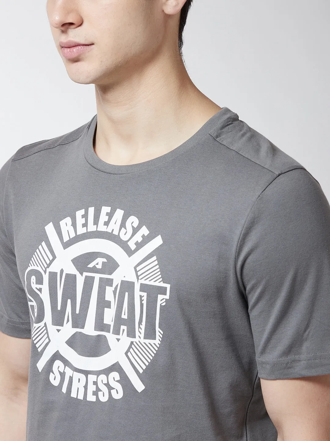 Alcis Men Grey Printed Round Neck T-shirt Energy Mood DoubleStitchedEdges