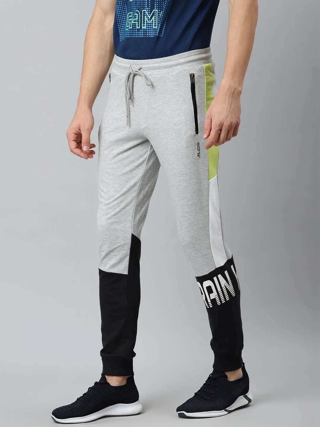 Alcis Men Grey Melange Black Colourblocked Slim Fit Joggers Roomy Fit