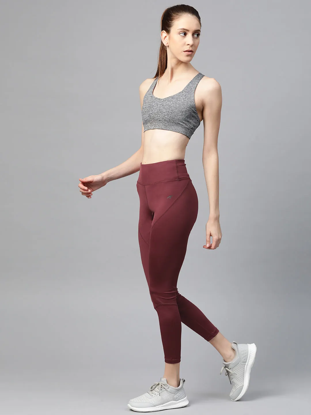 Alcis Women Burgundy Solid Cropped Tights Moisture Wicking Fabric Motion Ready