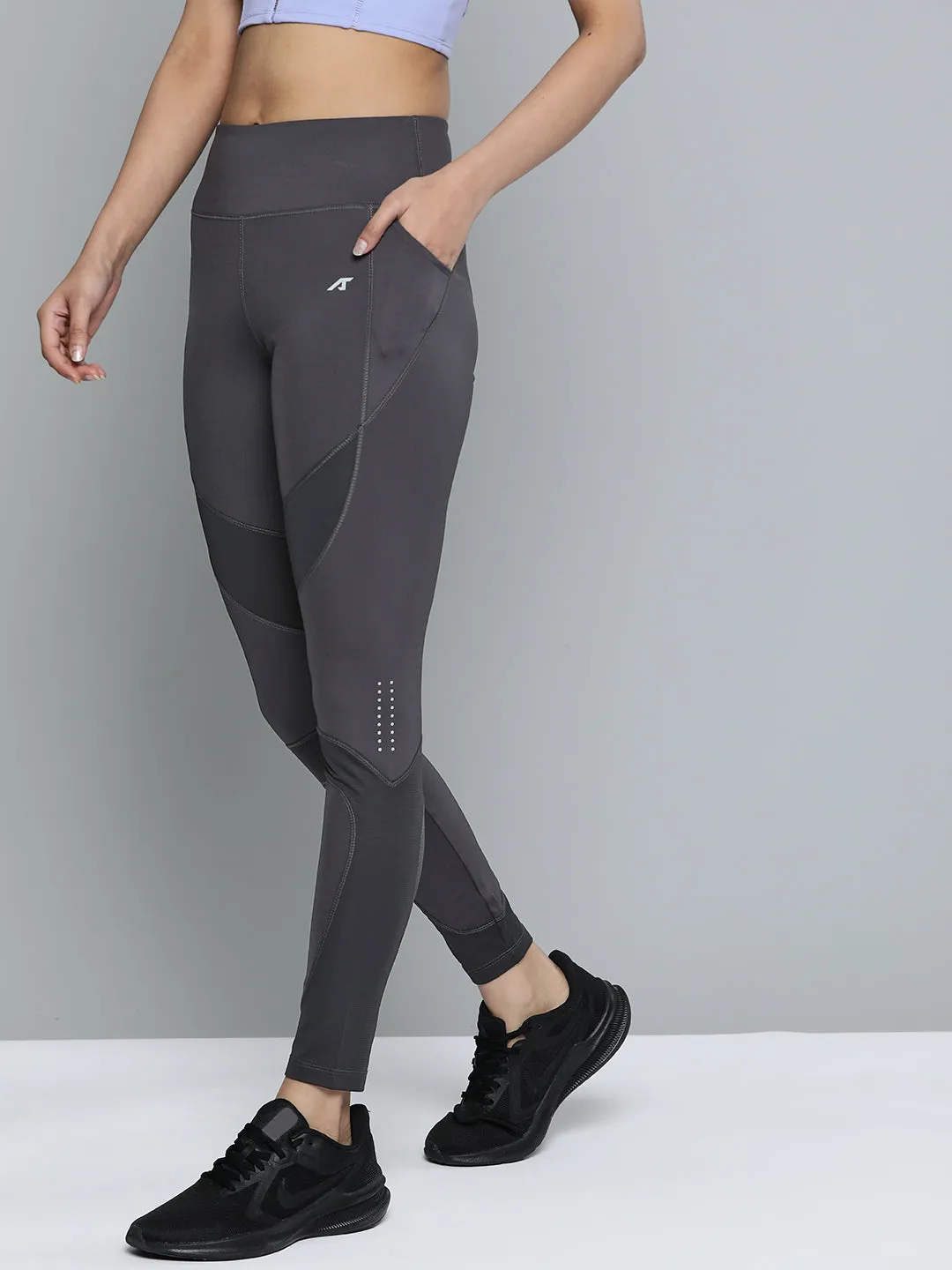 Alcis Women Grey Colourblocked Tights Flattering Fit