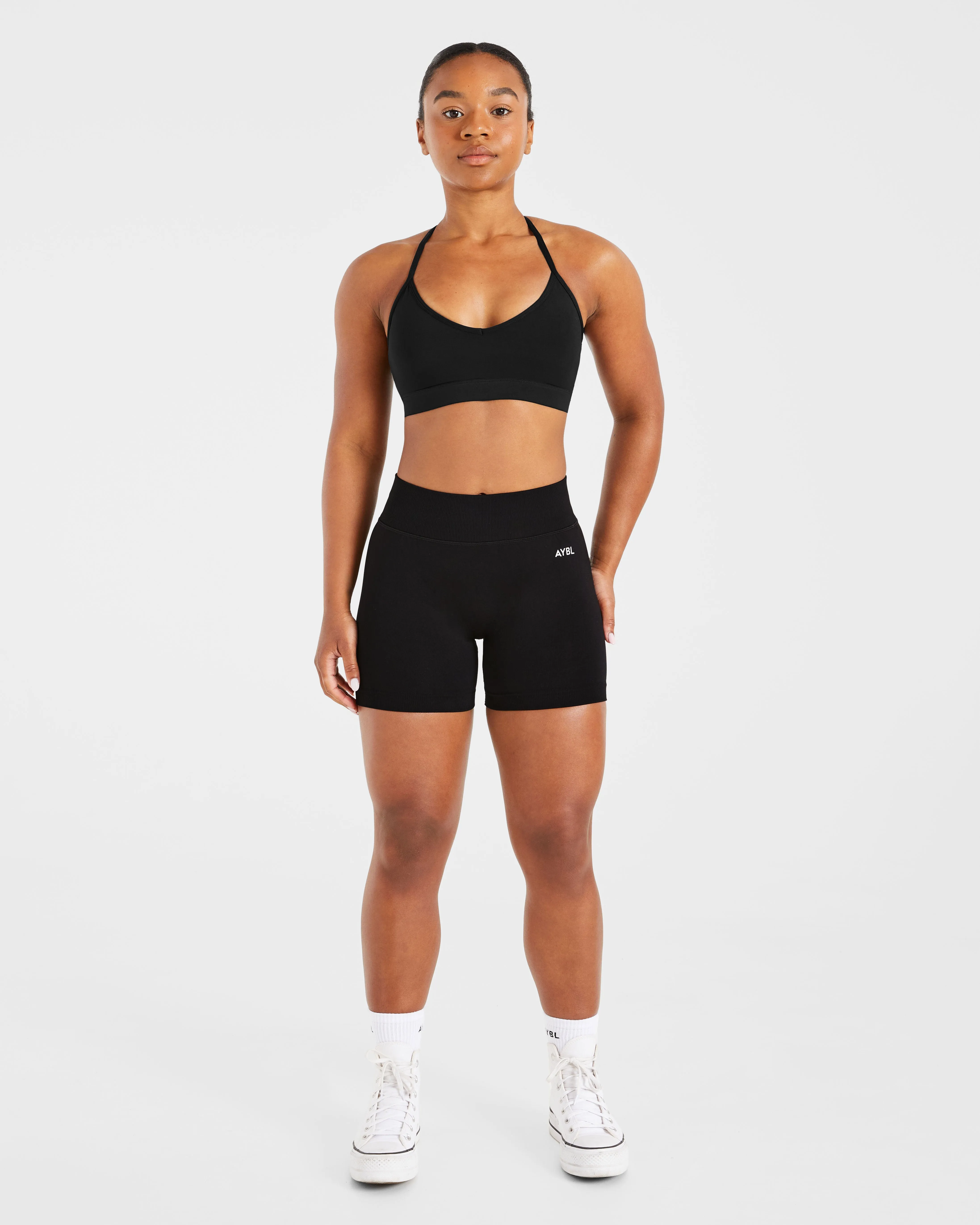 Seamless Band stretchy design Essential V Neck Strappy Sports Bra - Black