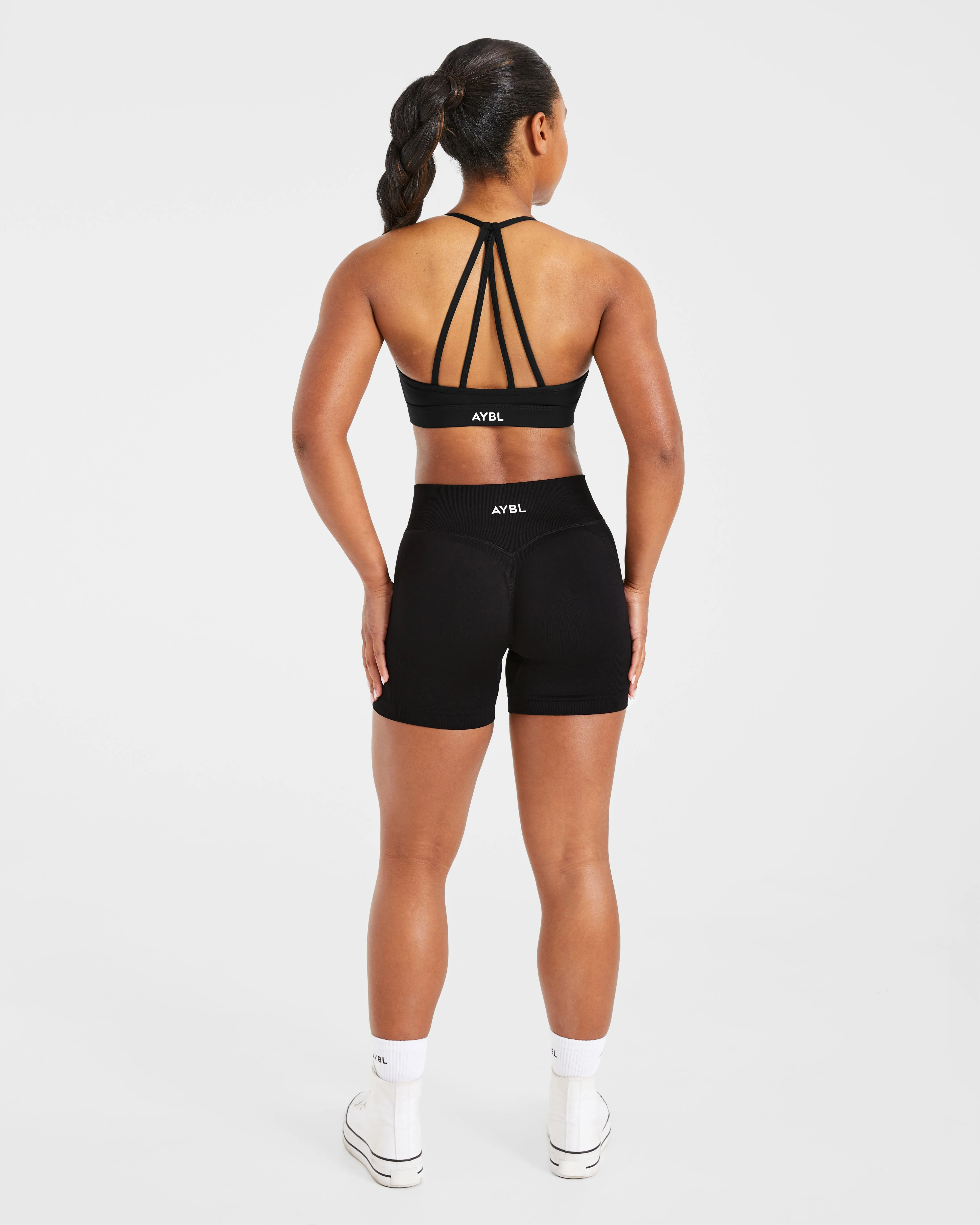 Essential V Neck Strappy Sports Bra - Black Amateur athletes