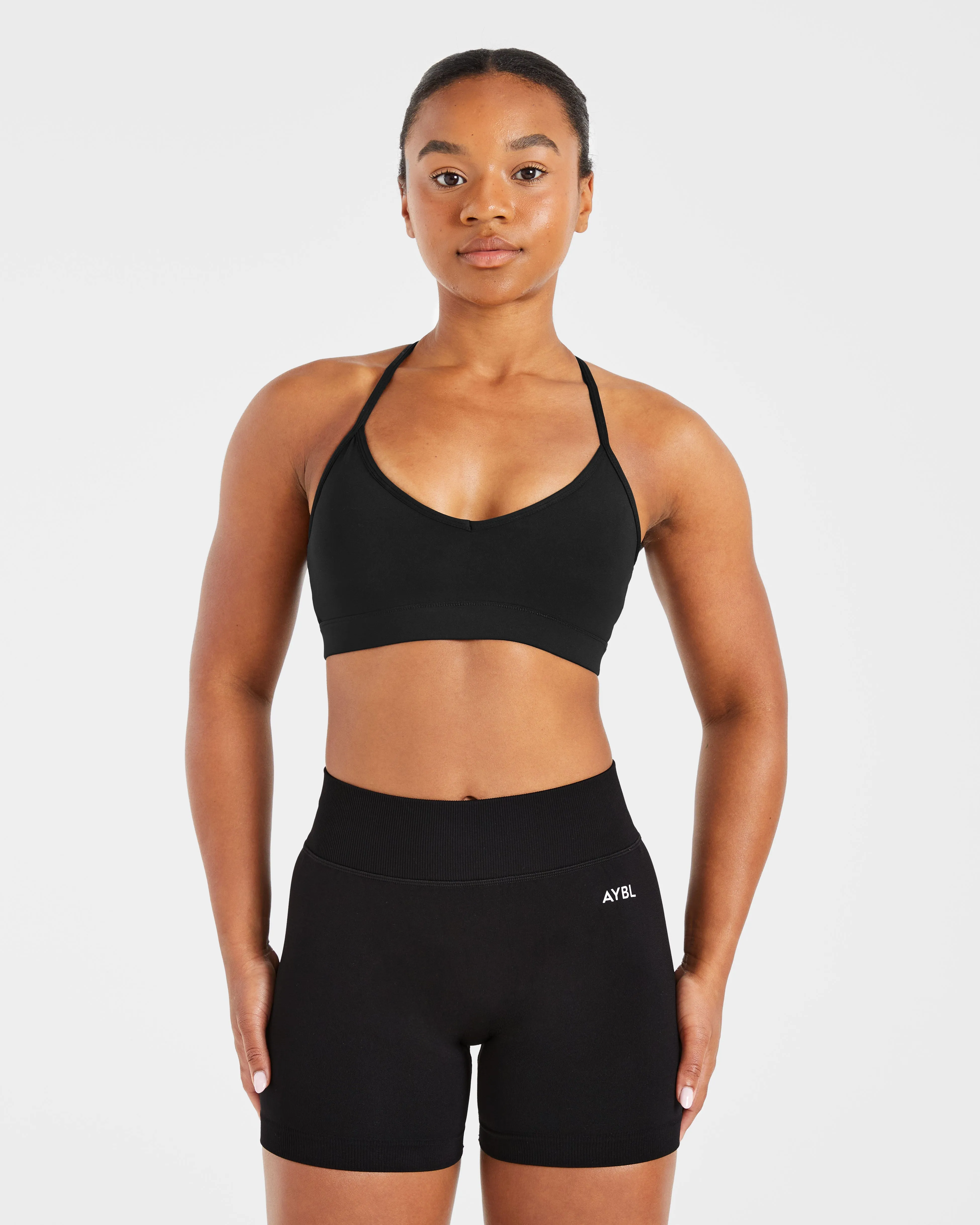 Essential V Neck Strappy Sports Bra - Black Soft Design Comfortable fit