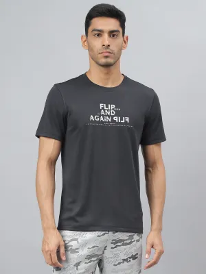Alcis Men Printed Black Anti-Static Slim-Fit Round Neck Training T-Shirt Stretchable Waistband Brunch Fit