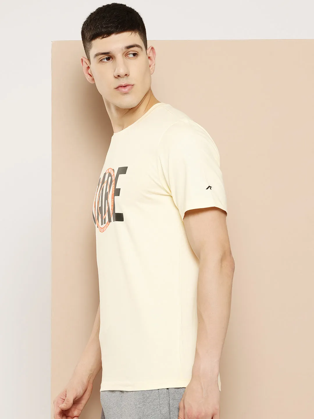 Alcis Men Cream Typography Printed T-shirt NonRestrictive Movement Story Mood