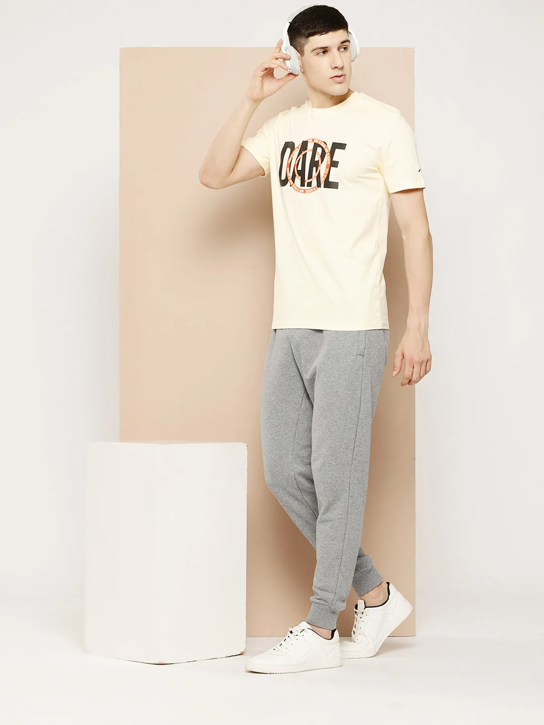 Alcis Men Cream Typography Printed T-shirt Global Glow