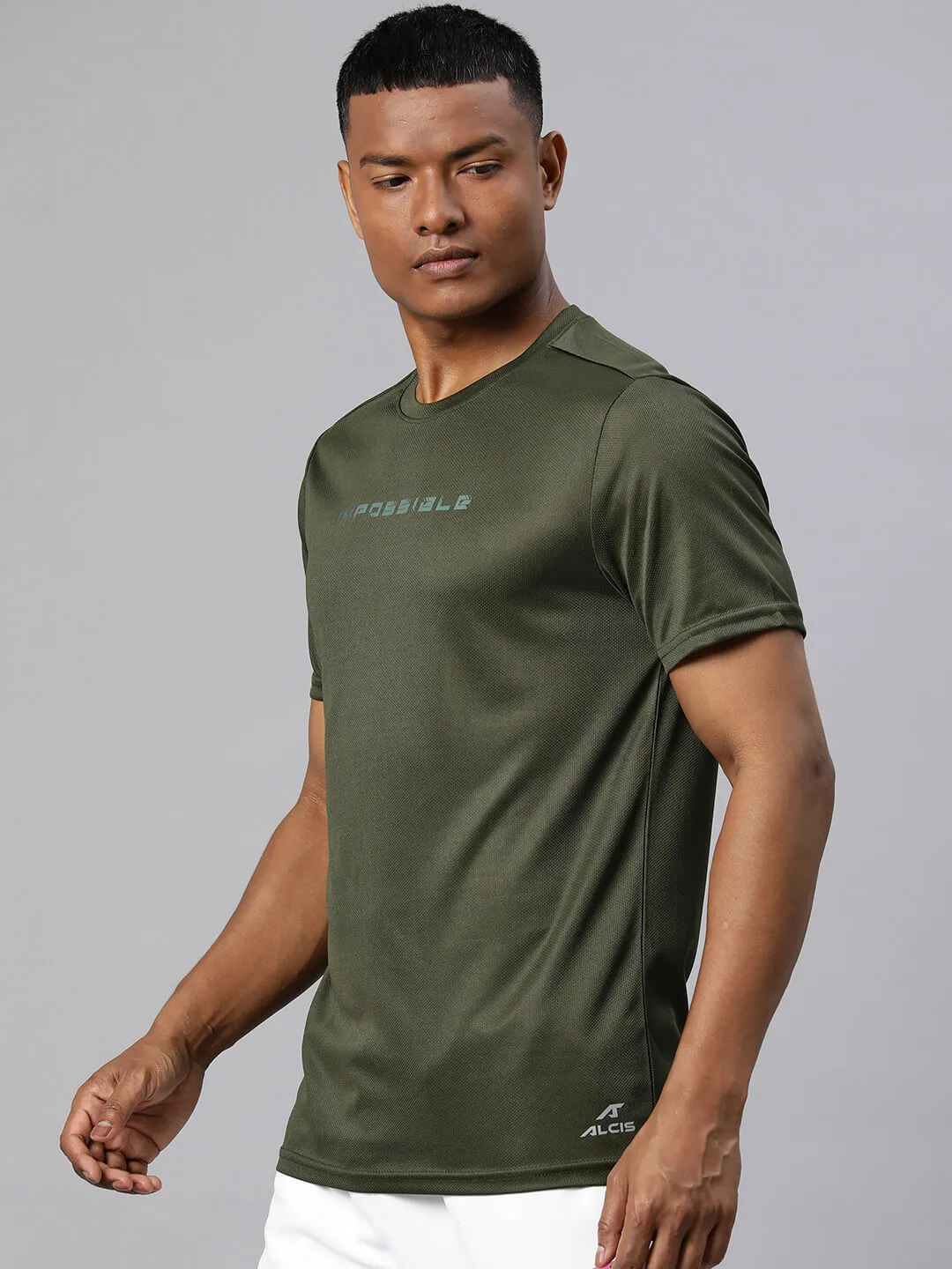 Smooth Edge Binding Alcis Men Typography Printed Dry Tech Slim Fit Sports T-shirt