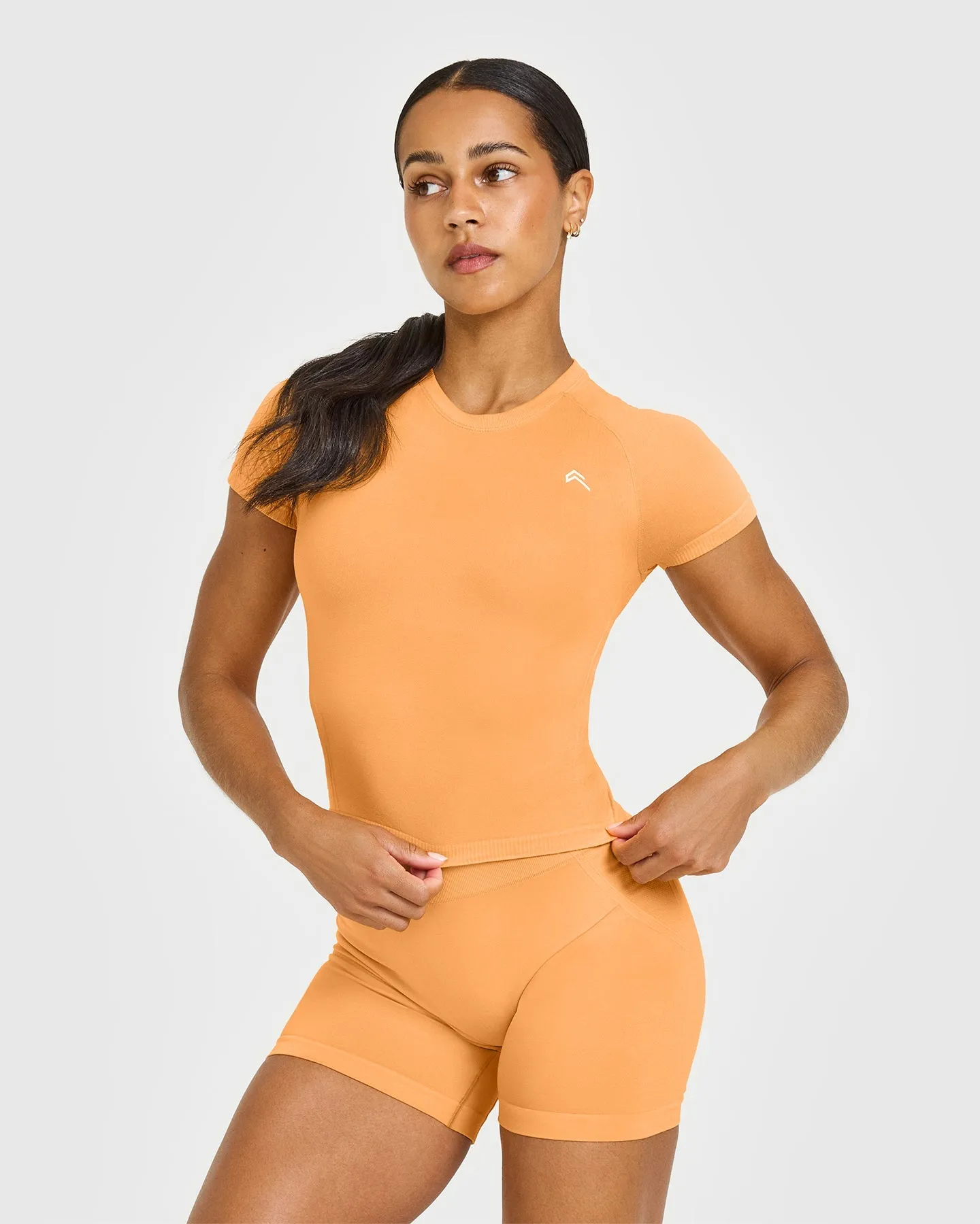 Dad Core TaglessNeckline Go To Seamless Fitted Mid Top | Powdered Orange DoubleLayered Knees