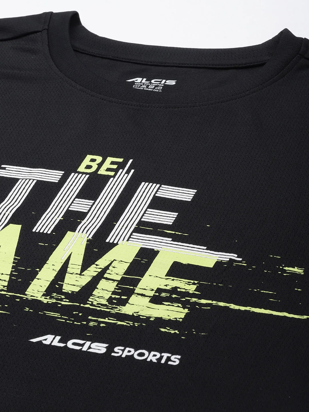 Alcis Men Black Typography Printed Slim Fit T-shirt Virtual Mode ThermalRegulatingFabric