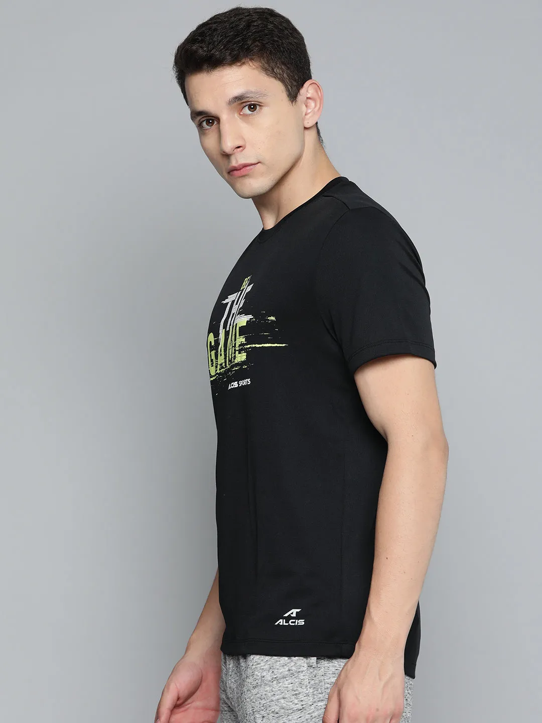 Alcis Men Black Typography Printed Slim Fit T-shirt Wind Ease DoubleStitched