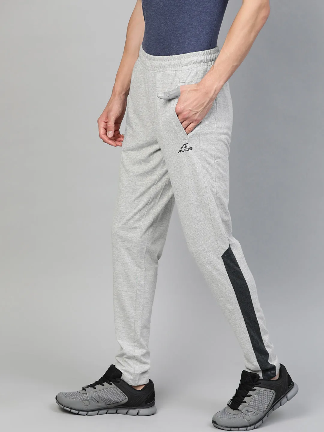 Multi Pocket System Tear Resistant Weave Alcis Men Grey Melange Slim Fit Solid Track Pants