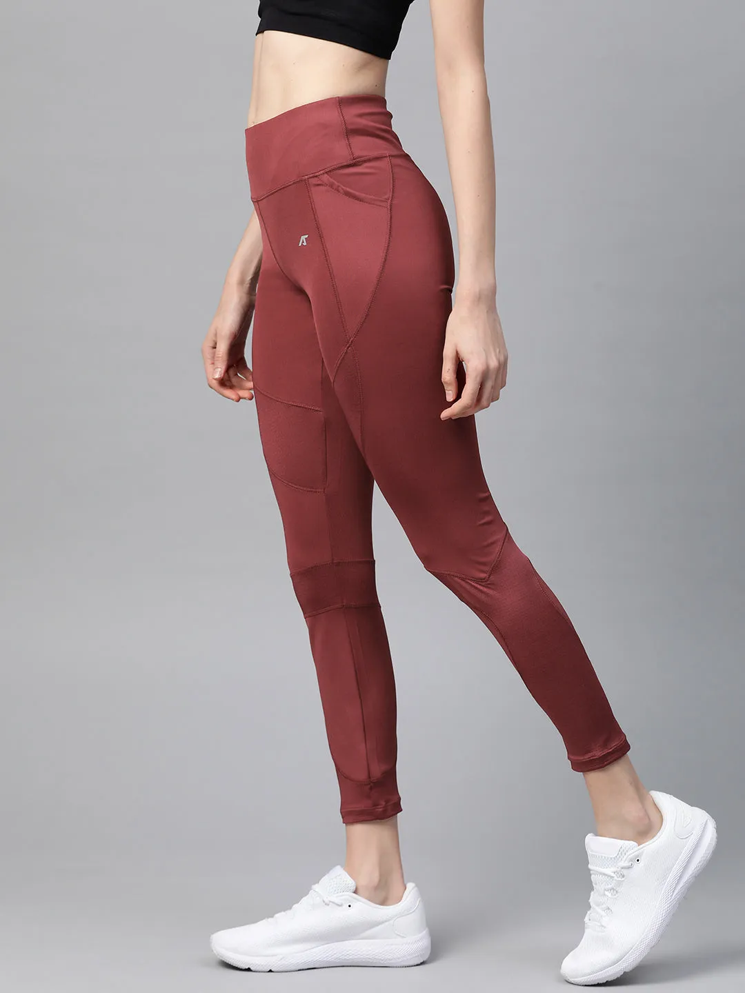 Beginner Level High Waist Easy Wear Alcis Women Burgundy Solid Cropped Tights
