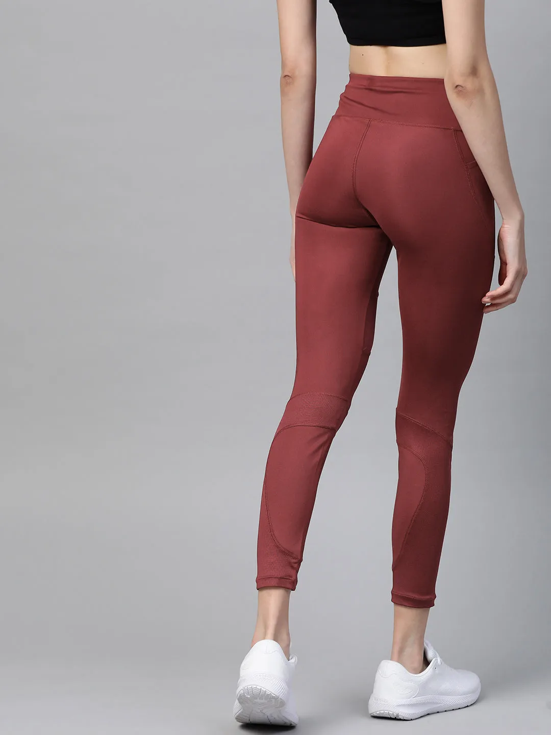 Breathable Mesh Panels No Chafe Technology Alcis Women Burgundy Solid Cropped Tights