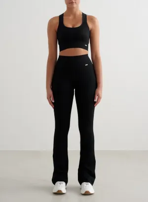 Black Ribbed Seamless Flare Tights Camping Gear Unisex Style Non Roll Waistband
