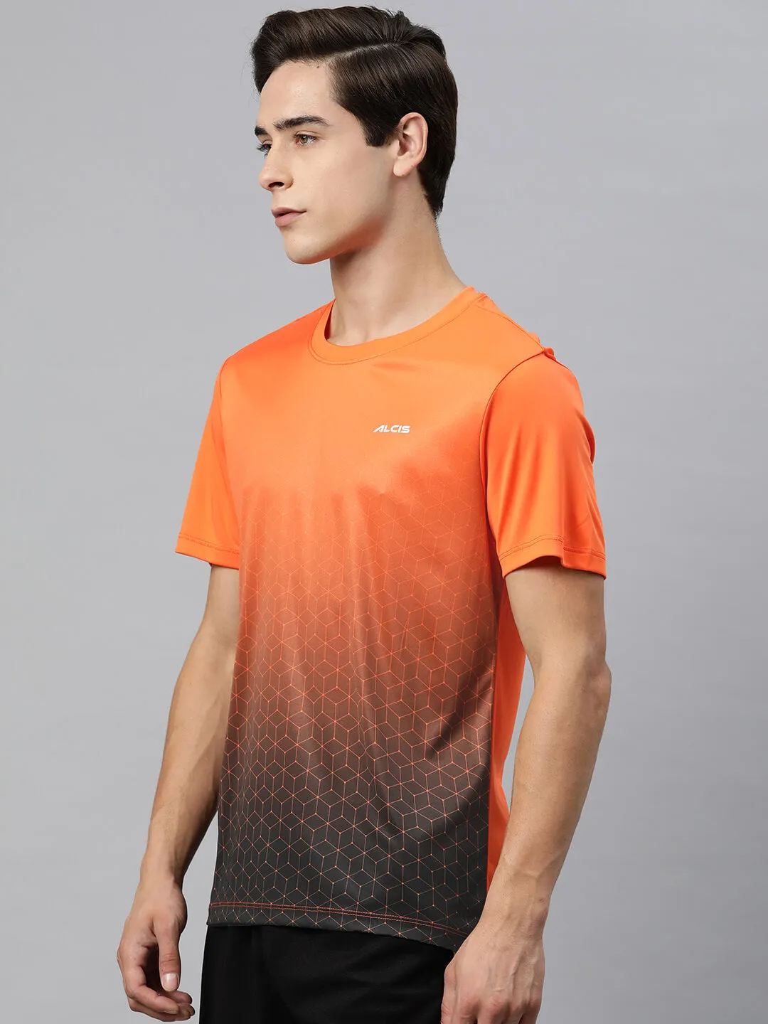 CoolingChannelFabric HighDensity Weave Alcis Men Geometric Printed Anti Static Slim Fit Sports T-shirt