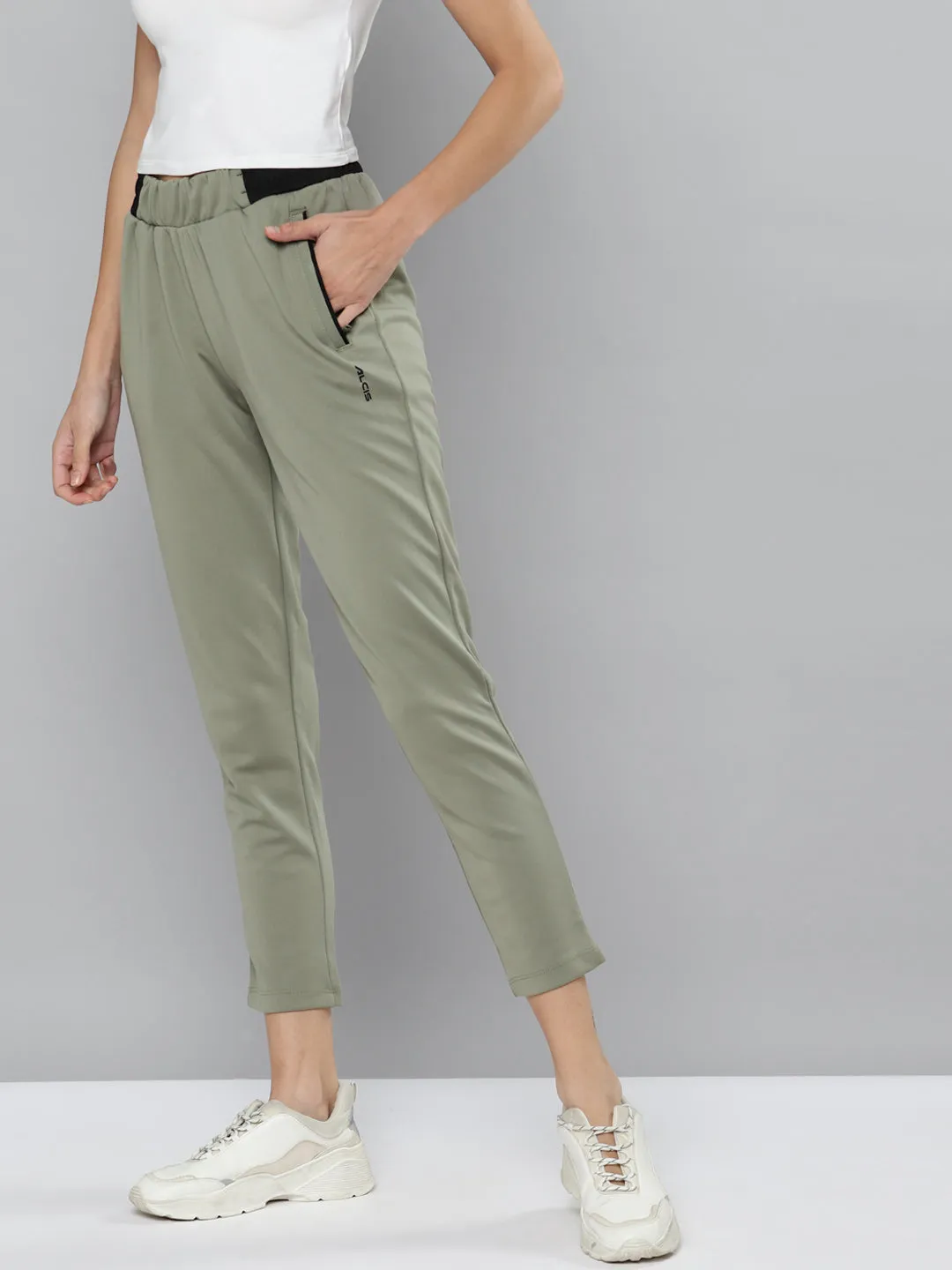 No Gap Waistband Alcis Women Olive Green Solid Slim Fit Track Pants