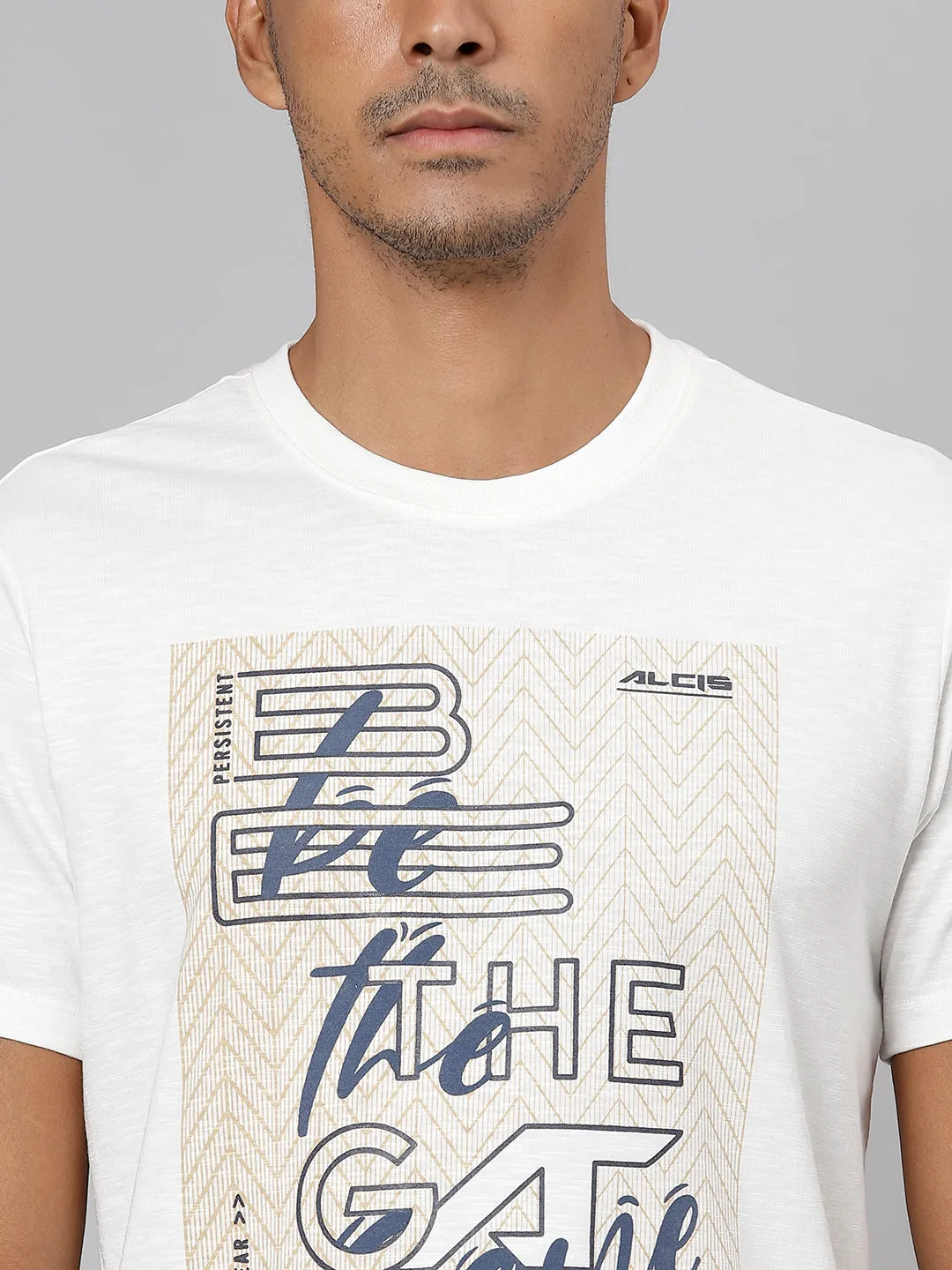 ALCIS Men Printed White Tee T-Shirt BiasCut Trims