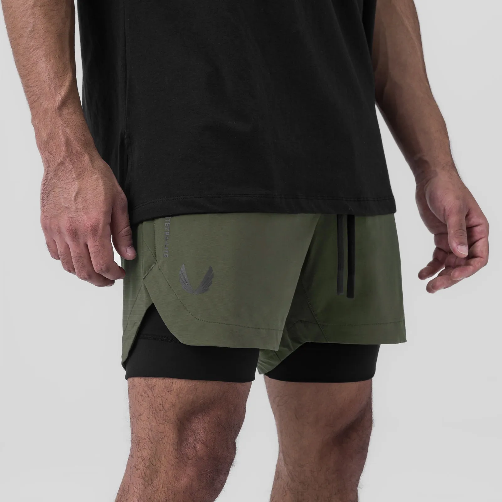 Lightweight Construction yoga clothing 0865. Tetra-Lite? 5" Liner Short - Olive "Wings"/Black