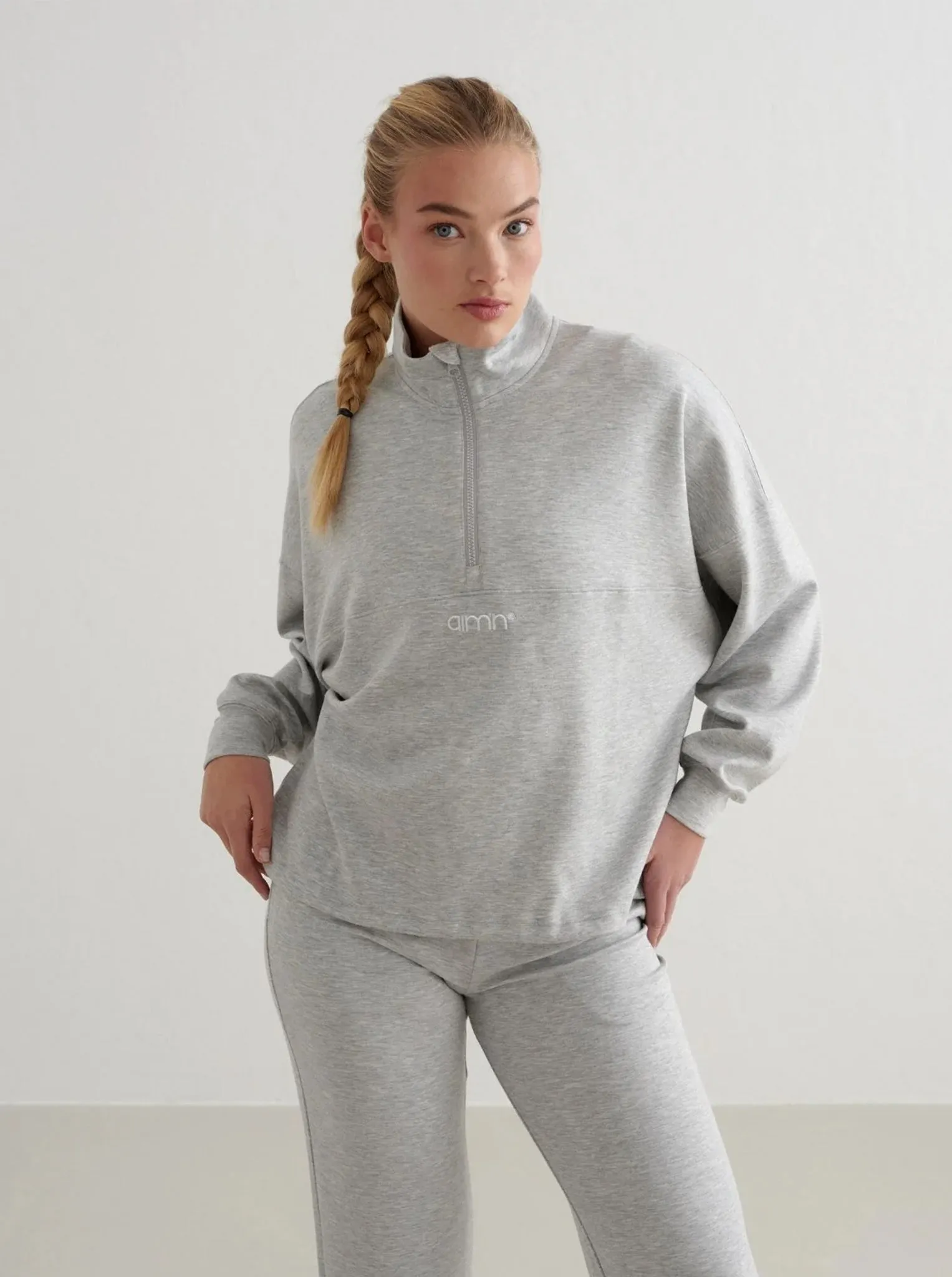 Light Grey Melange Comfy Modal Half Zip Patchwork skating clothes