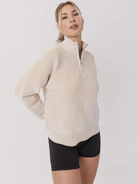 Soft Apparel Distressed Detailing Quarter Zip Ribbed Crew in Coconut Cream