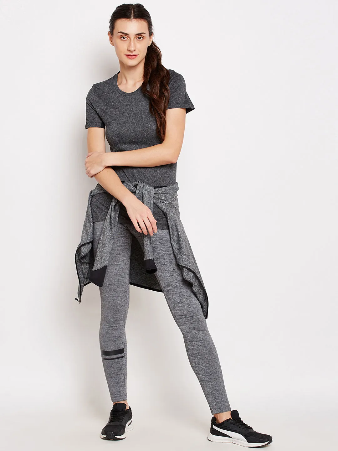 Mesh Panel Outdoor Running Alcis Women Solid Grey Tights