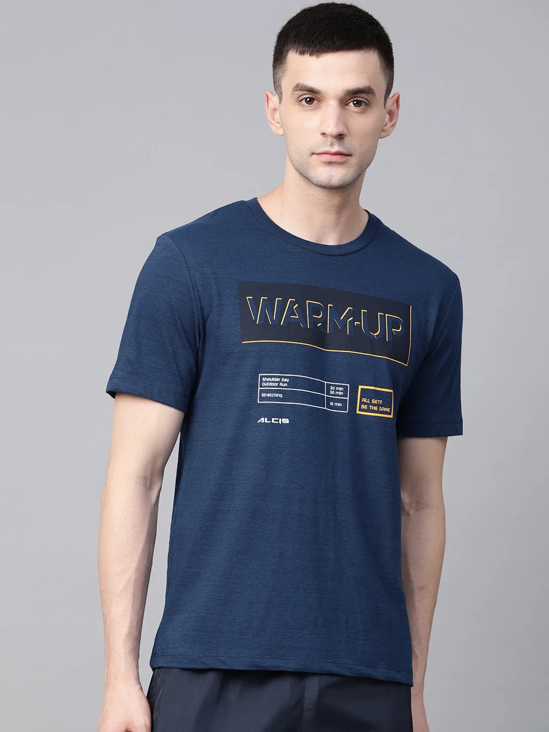 DoubleStitchedEdges Foldable Hem Alcis Men Navy Blue Printed Round Neck T-shirt