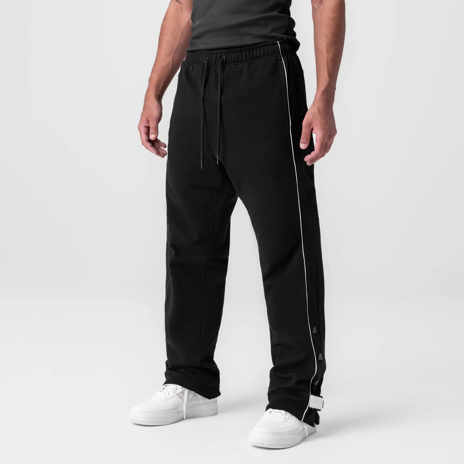 0998. Herringbone Terry Snap Button Sweats - Black WindResistantMaterial Structured Hemline