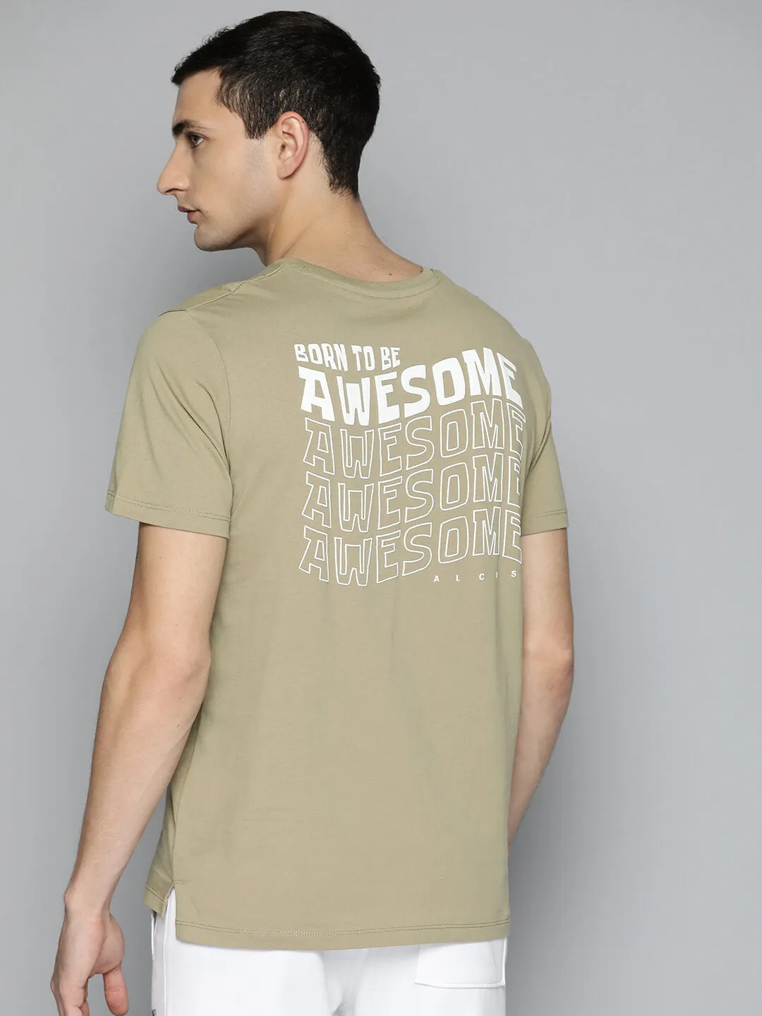 Alcis Men Beige Typography Printed Slim Fit T-shirt DurableBlend Permanent Crease