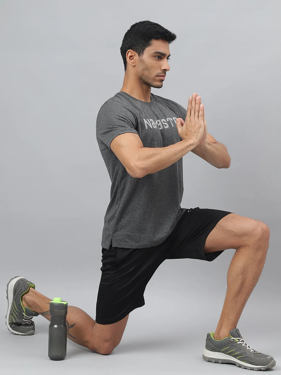 Alcis Men Anthra Melange Regular Fit Round Neck Yoga T-Shirt AntimicrobialCoating