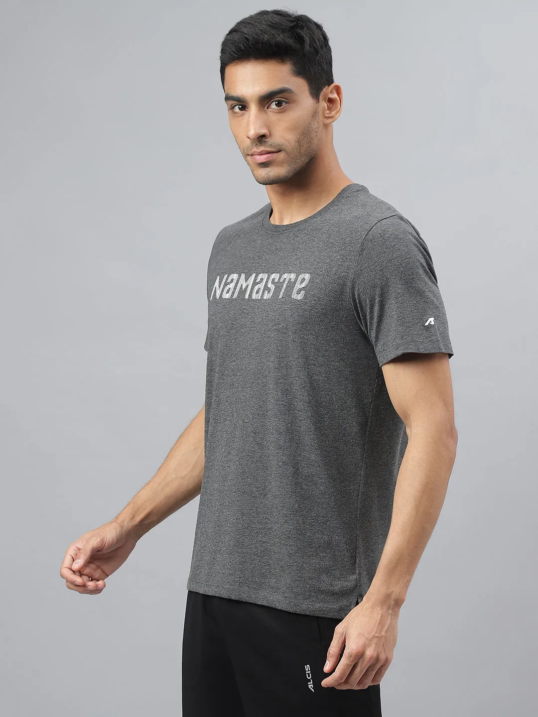 Alcis Men Anthra Melange Regular Fit Round Neck Yoga T-Shirt Concert Vibe