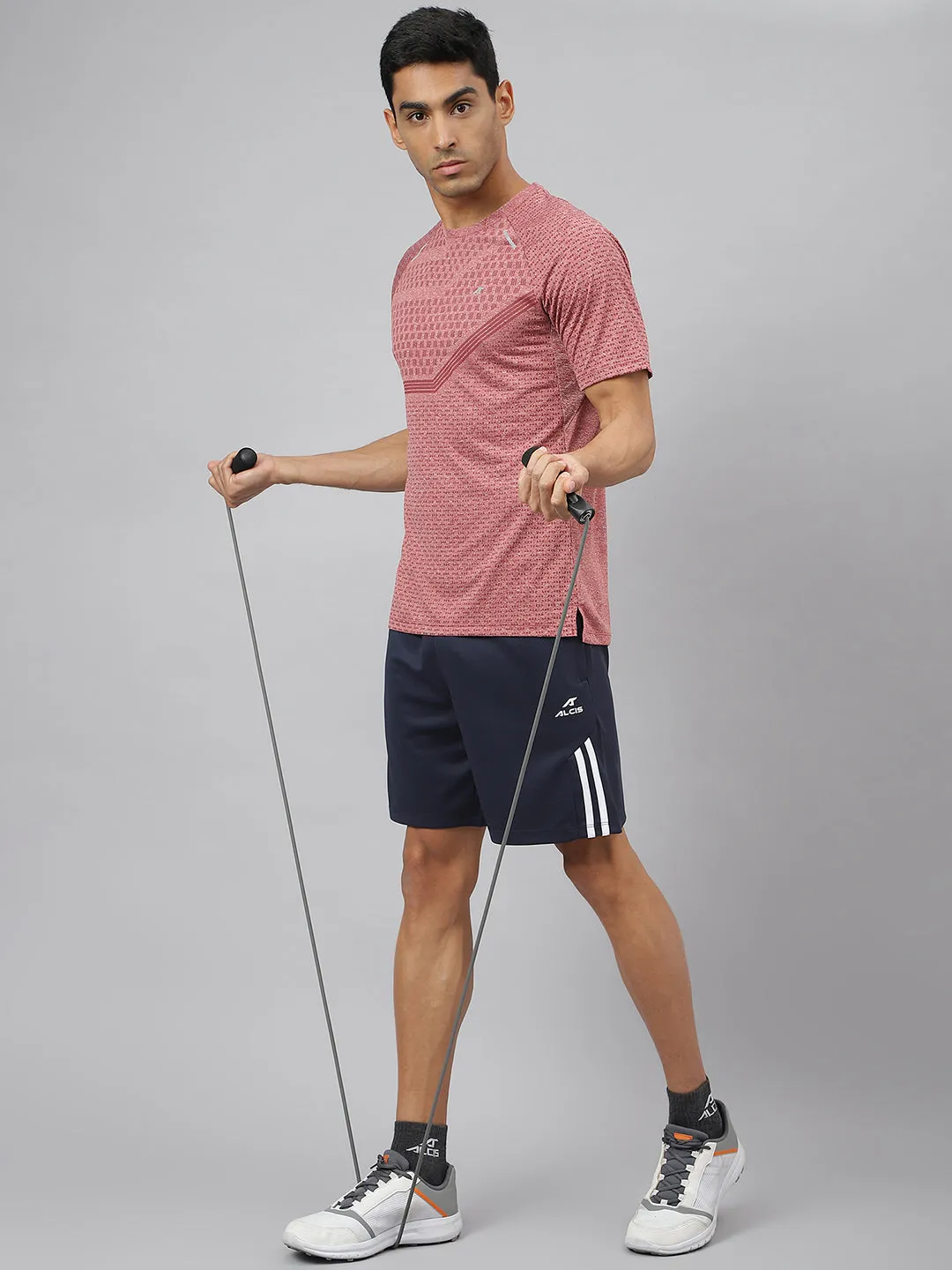 Alcis Men Red Heather Anti-Static Slim-Fit Round Neck Distance Running T-Shirt Hero Fit ShrinkageFree Fabric