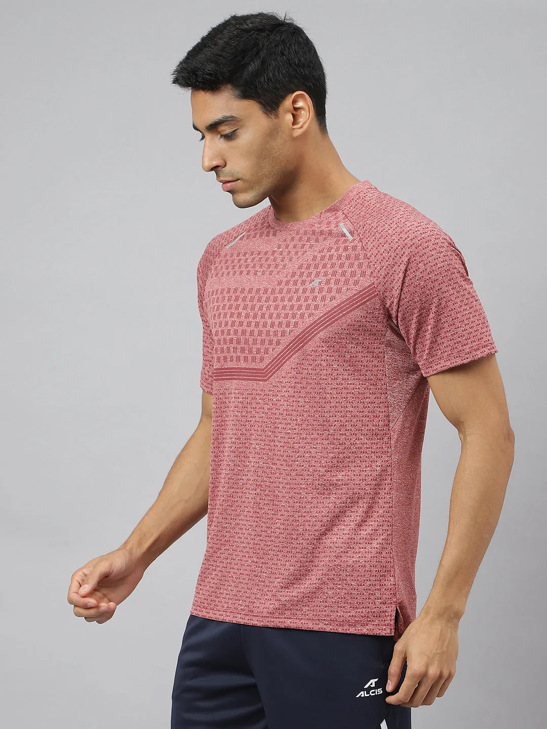Alcis Men Red Heather Anti-Static Slim-Fit Round Neck Distance Running T-Shirt Model Glow AntimicrobialCoating