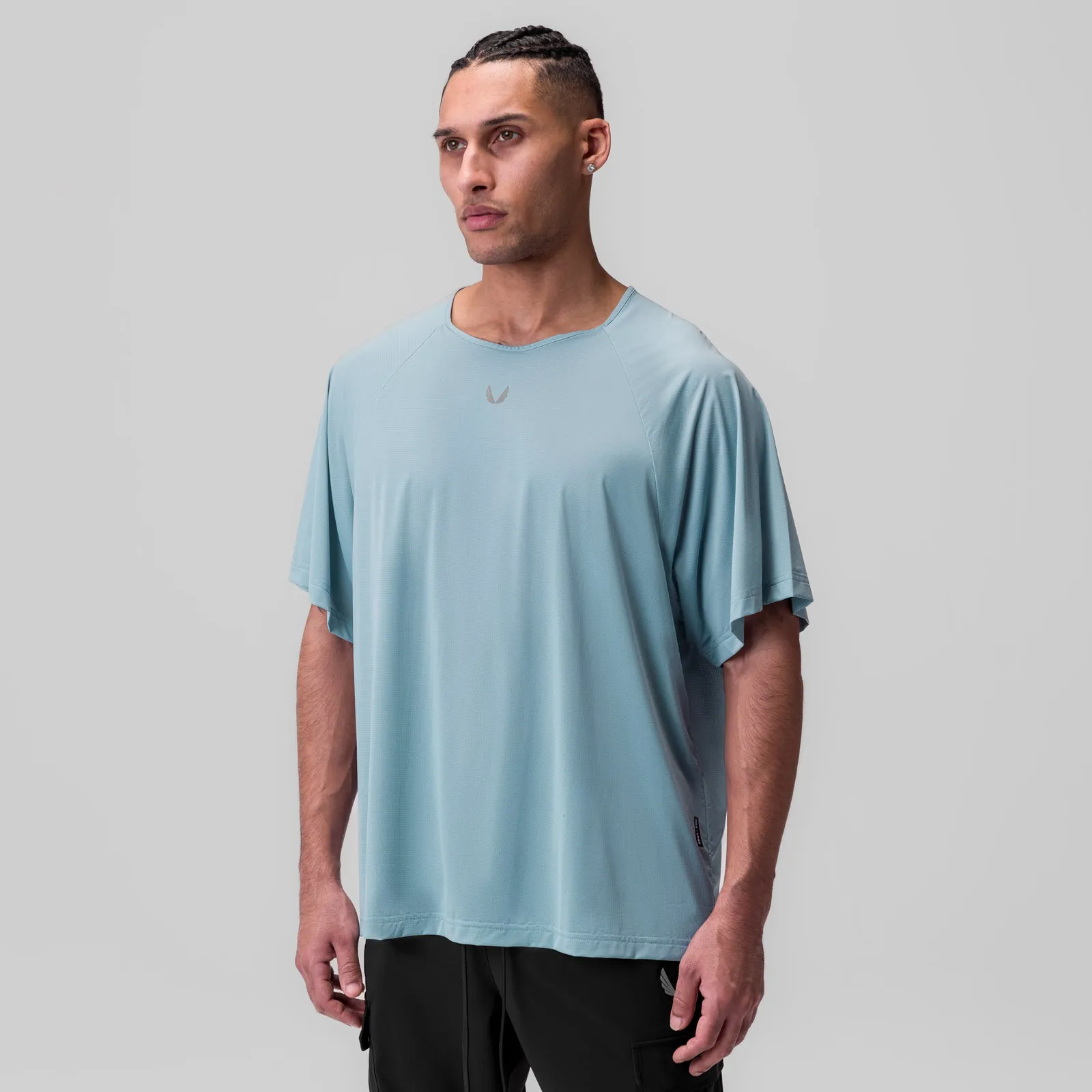 1089. Ice-Skin? Oversized Tee - Light Sky Wool combination Vibrant Prints