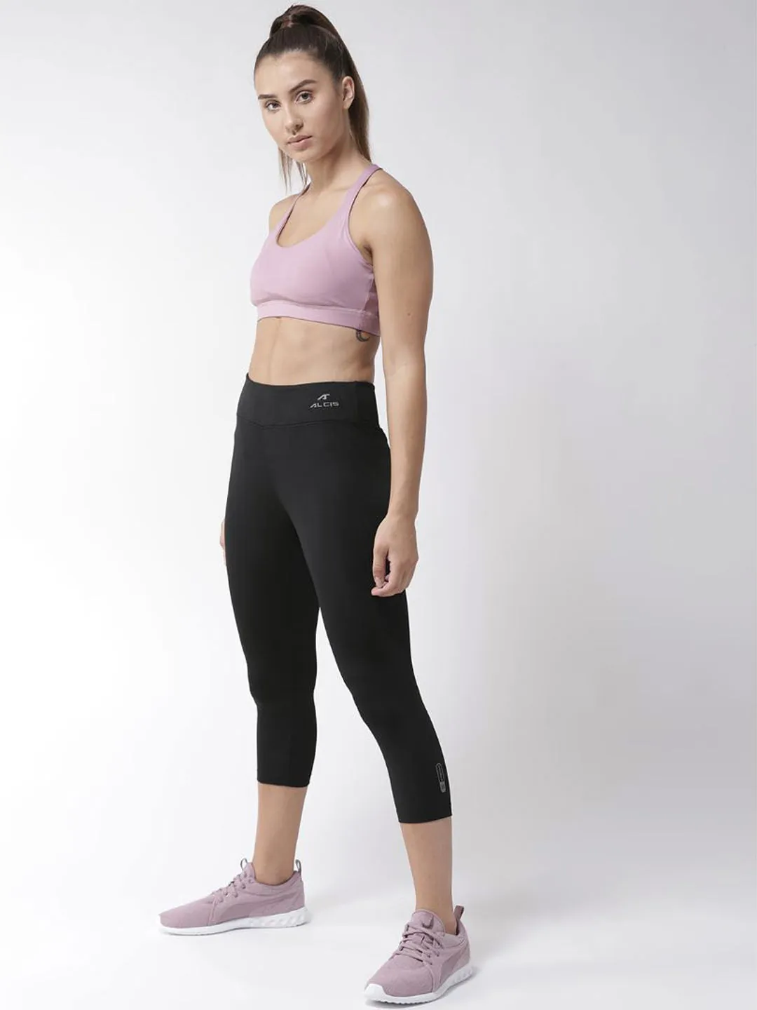 Morning Stretch Minimalist Style Abrasion Resistant Fabric Alcis Women Black 3/4th Training Tights