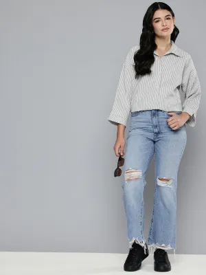 Women's Blue Ribcage Cropped Bootcut Fit High Rise Jeans Soft Aesthetic
