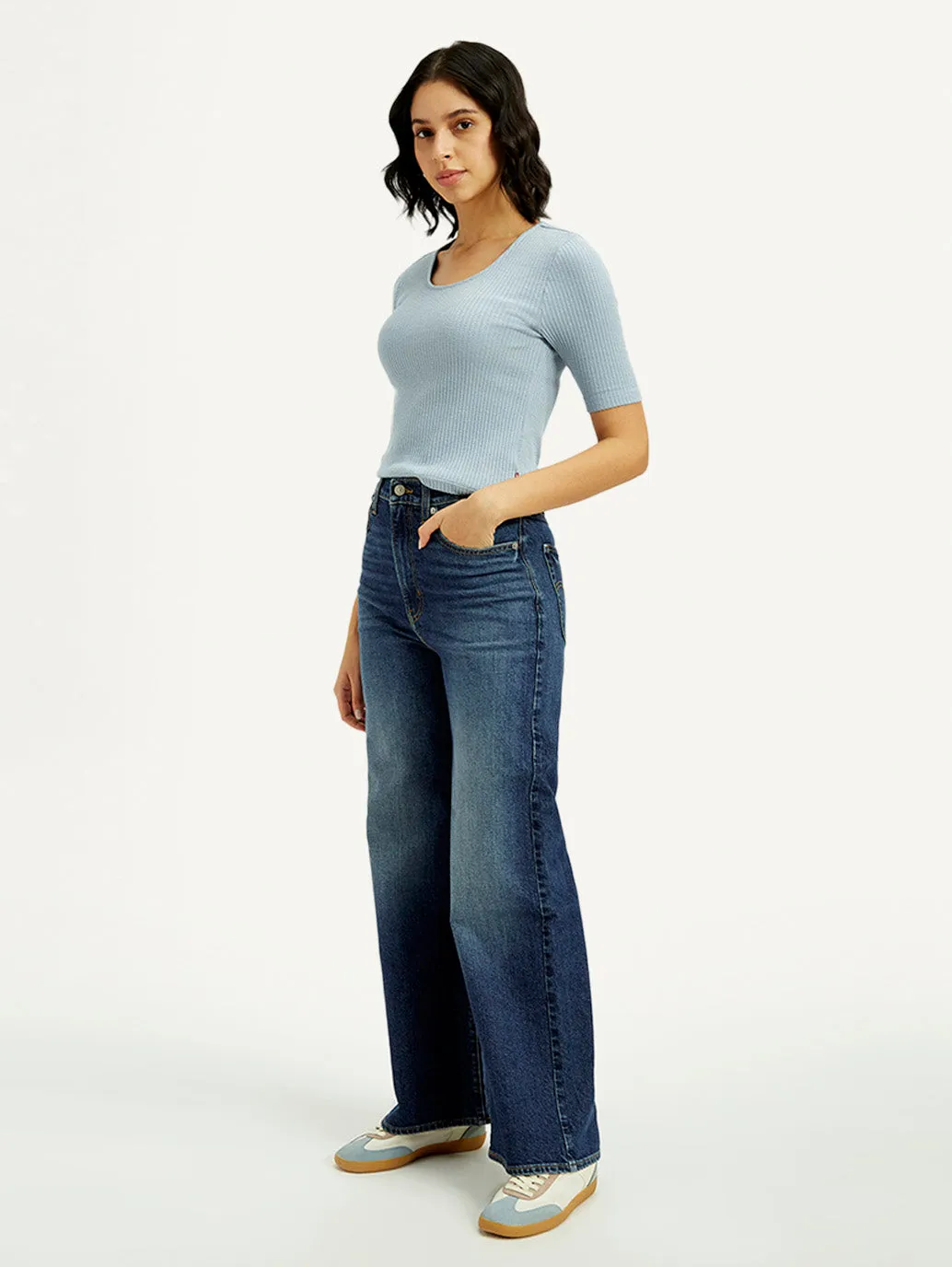 Classic Five Pocket Design Night Out Neutral Textured Women's Dark Indigo Ribcage Wide Leg Fit High Rise Jeans