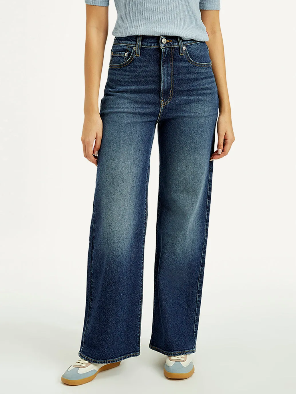 Women's Dark Indigo Ribcage Wide Leg Fit High Rise Jeans Modern Minimalist Creative Look Home Comfort Comfortable Outfit
