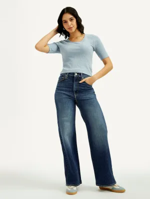 Women's Dark Indigo Ribcage Wide Leg Fit High Rise Jeans Artist Vibe Everyday Rainy Day On The Go