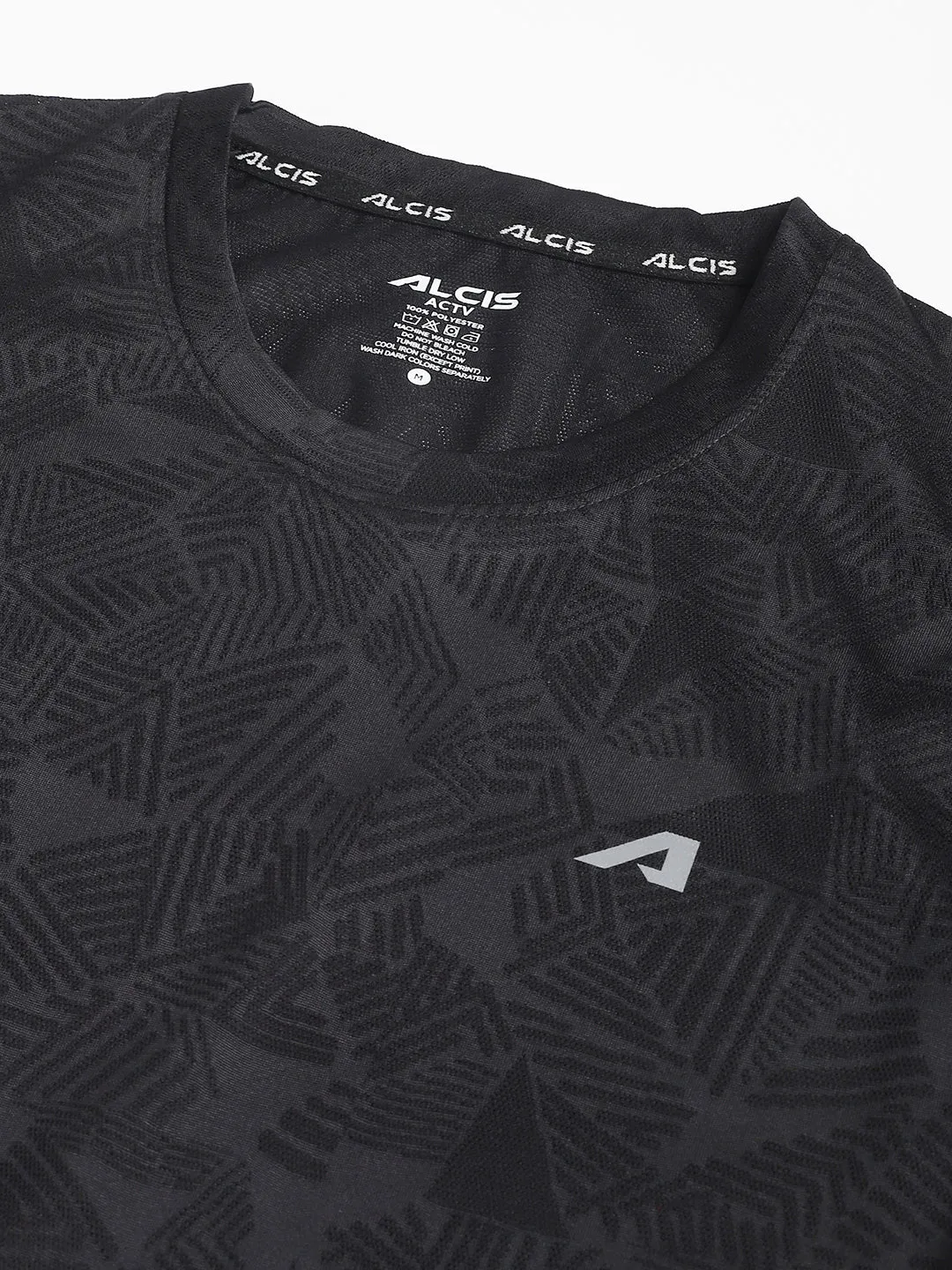 Training Fit Durable Stitching Alcis Men Black Jacquard Mesh Anti-Static Slim-Fit Round Neck Training T-Shirt