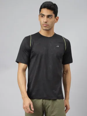 smooth zipper Alcis Men Black Jacquard Mesh Anti-Static Slim-Fit Round Neck Training T-Shirt
