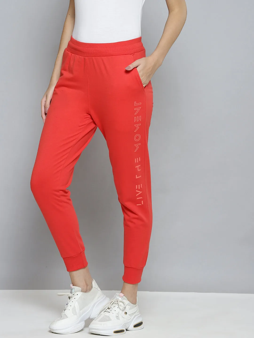 Alcis Women Coral Red Slim Fit Cropped Running Joggers HighRiseWaistband Laser Cut Edges
