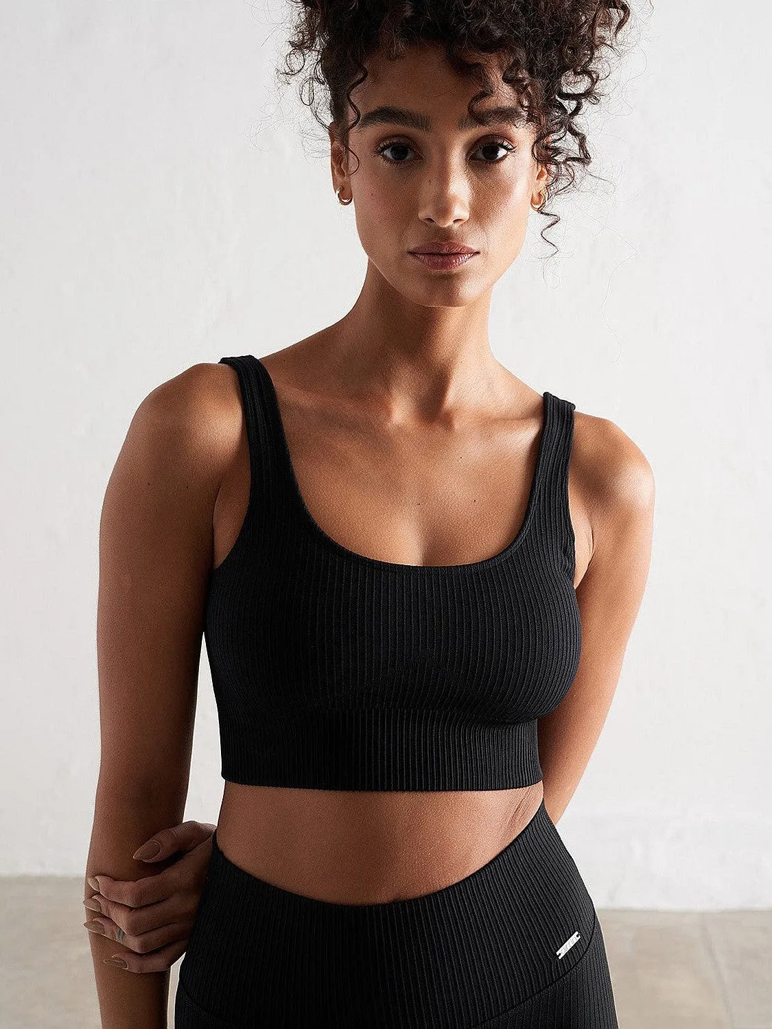 Black Ribbed Seamless Bra Belt loops Playful Look
