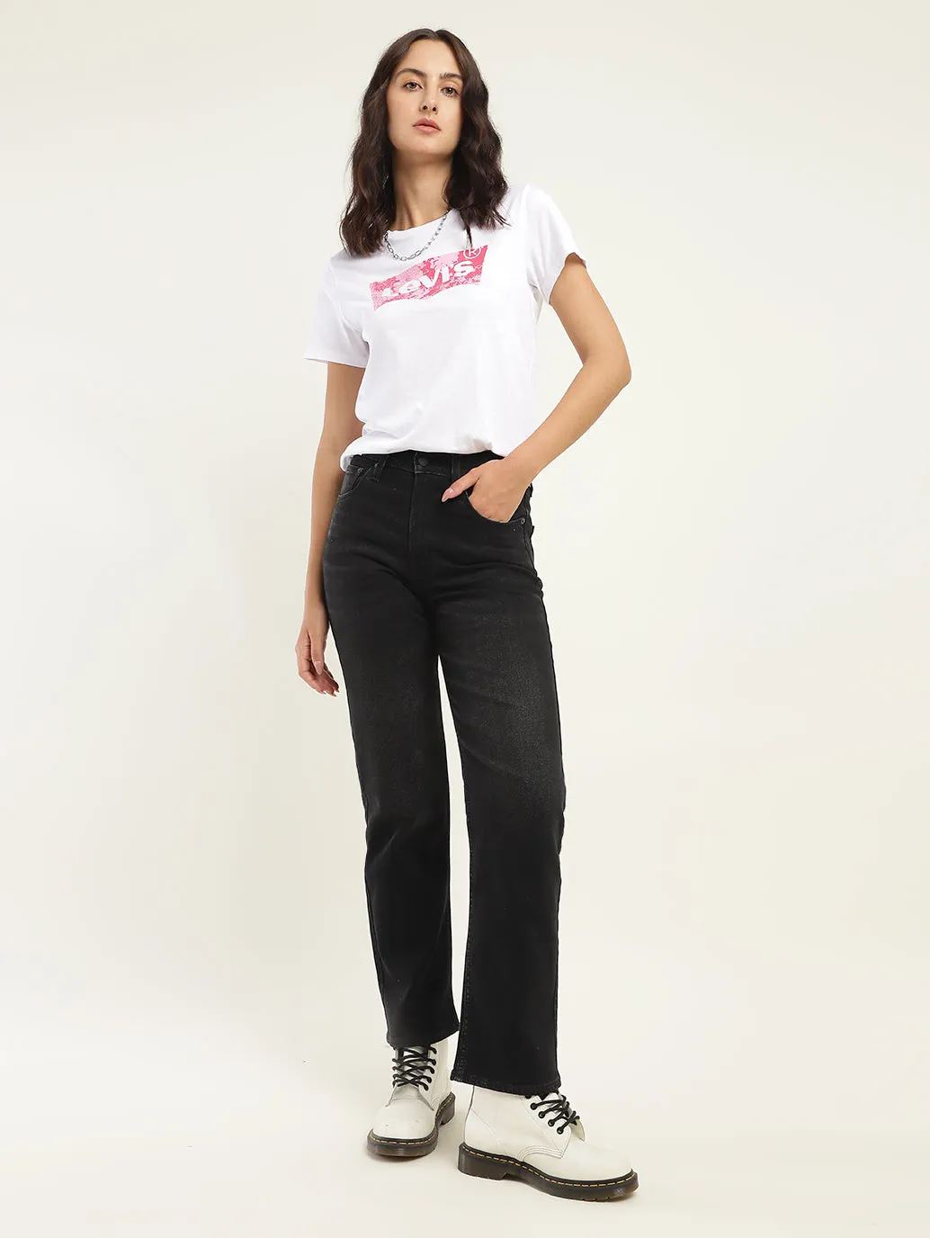 Outfit Essential Base Comfort Women's Black Ribcage Straight Fit High Rise Jeans
